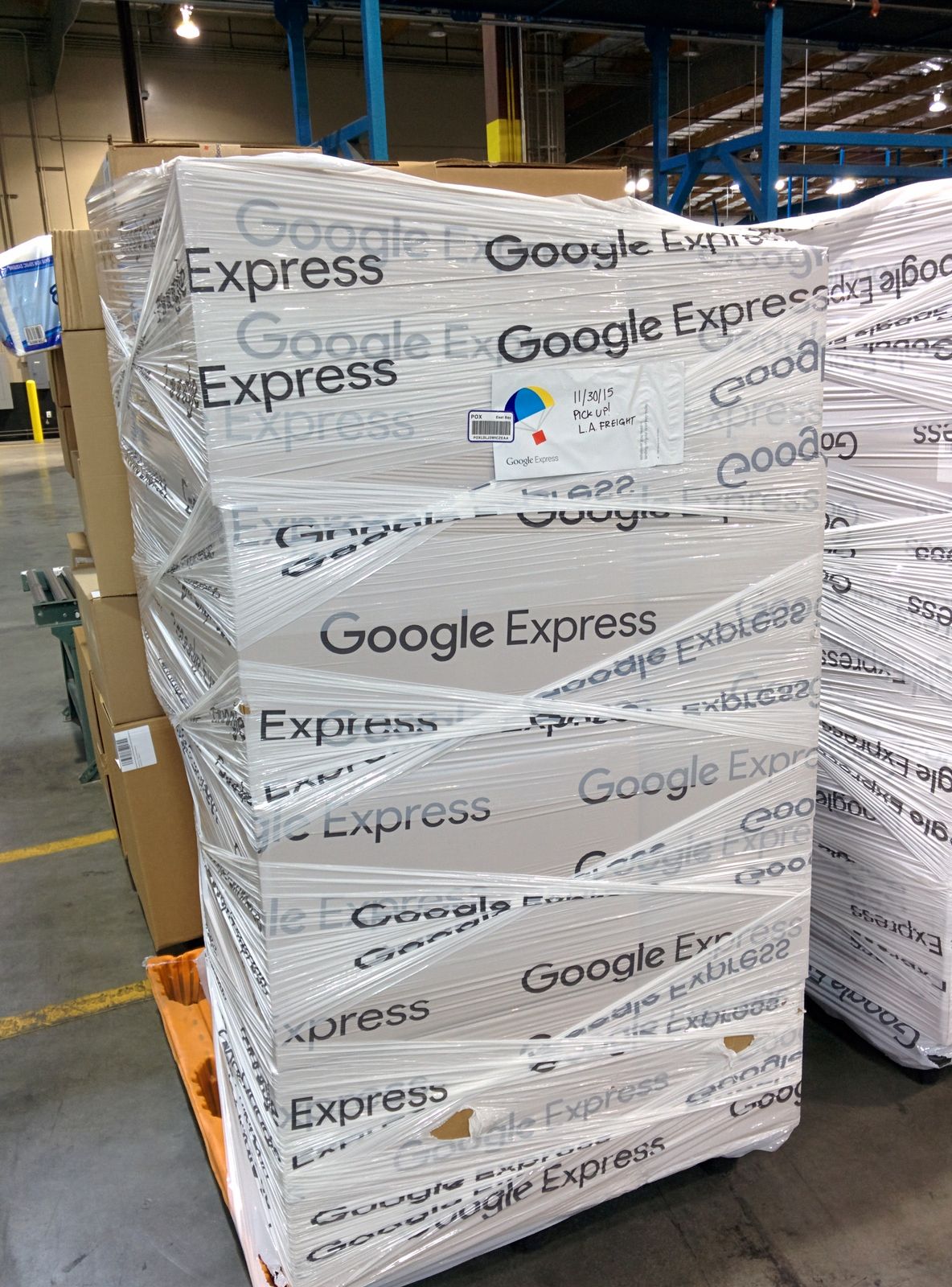Pallets and freight on the Google Shopping Express fulfillment floor